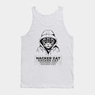 Hacker Cat. Hacker cat with hoodie and glasses, grayscale design Tank Top